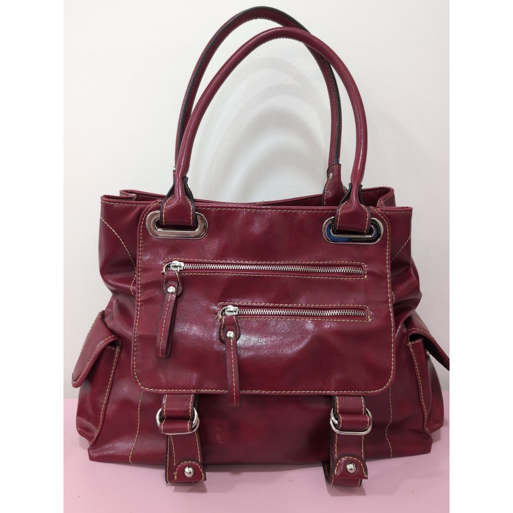 Aldo Large Red Handbag Satchel Zippers Pockets  Buckle Accents  Y2K
